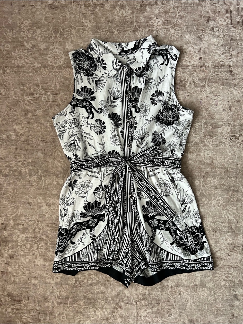 DKNY Black and White Floral Tie-Waist Romper